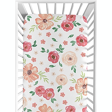 Sweet Jojo Designs Watercolor Floral Fitted Crib Sheet in Coral/White. View a larger version of this product image.
