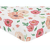 Sweet Jojo Designs Watercolor Floral Fitted Crib Sheet in Coral/White