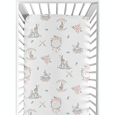 Sweet Jojo Designs Bunny Floral Pattern Fitted Crib Sheet in Pink/Grey. View a larger version of this product image.
