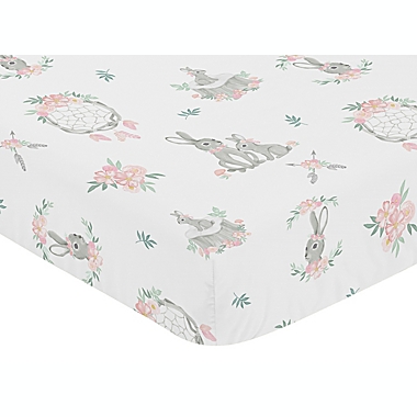 Sweet Jojo Designs Bunny Floral Pattern Fitted Crib Sheet in Pink/Grey. View a larger version of this product image.