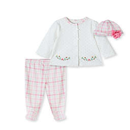 Little Me® Newborn 3-Piece Garden Plaid Cardigan, Pant, and Hat Set in Pink