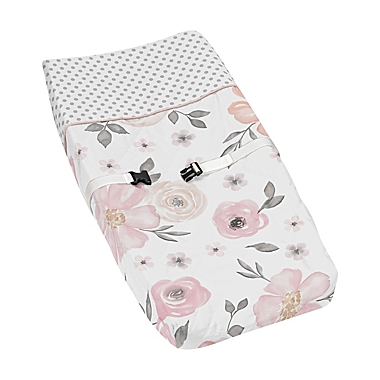 Sweet Jojo Designs Watercolor Floral Changing Pad Cover in Pink/Grey. View a larger version of this product image.