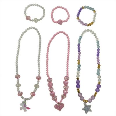 Danbar 6-Piece Beaded Hearts, Stars, and Unicorn Necklace and Bracelet Set in Pink/Purple