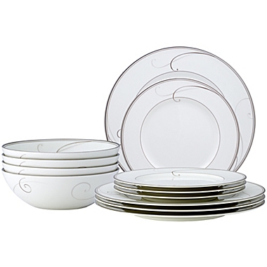 Noritake&reg; Platinum Wave 12-Piece Dinnerware Set in White/Platinum. View a larger version of this product image.