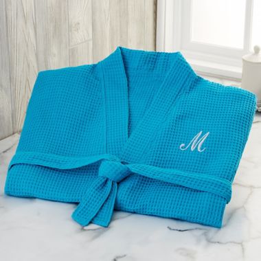 Embroidered Waffle Weave Kimono Robe in Aqua Blue. View a larger version of this product image.