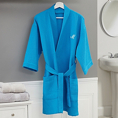 Embroidered Waffle Weave Kimono Robe in Aqua Blue. View a larger version of this product image.