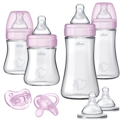 Chicco Duo Newborn Hybrid Baby Bottle Gift Set with Invinci-Glass Inside/Plastic Outside- Pink - 8pc