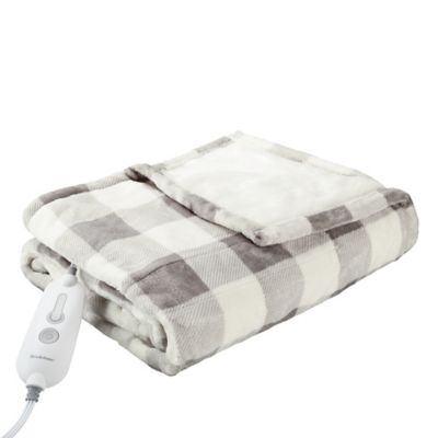 Brookstone n a p Heated Plush Throw in Ivory Plaid