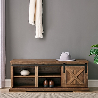 Forest Gate Wheatland Modern Farmhouse Sliding Door Entryway Storage Bench in Barnwood. View a larger version of this product image.