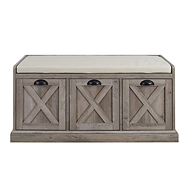Forest Gate&trade; 3-Drawer Farmhouse Bench with Cushion in Grey Wash. View a larger version of this product image.