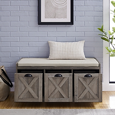 Forest Gate&trade; 3-Drawer Farmhouse Bench with Cushion in Grey Wash. View a larger version of this product image.