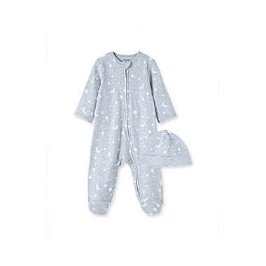 Little Me&reg; Size 3M 2-Piece Star Moon Long Sleeve Footie and Hat Set in Grey. View a larger version of this product image.