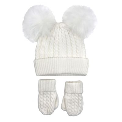 NYGB&trade; Size 2T-4T 2-Piece Cable Knit Double Pom-Pom Hat and Mitten Set in Ivory