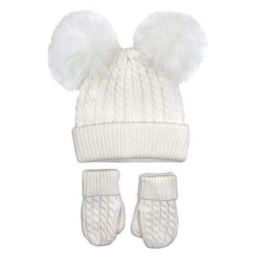 Alternate image 1 for NYGB™ 2-Piece Cable Knit Double Pom-Pom Hat and Mitten Set in Ivory