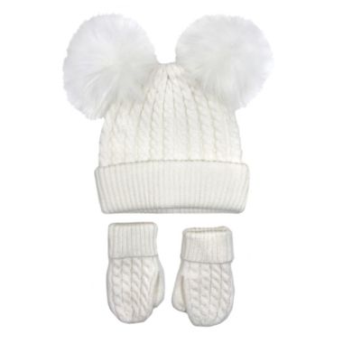 NYGB&trade; Size 2T-4T 2-Piece Cable Knit Double Pom-Pom Hat and Mitten Set in Ivory. View a larger version of this product image.