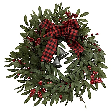 Bee &amp; Willow&trade; 20-Inch Buffalo Plaid Christmas Wreath with Bells in Green. View a larger version of this product image.