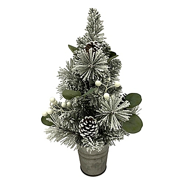 Bee &amp; Willow&trade; 18-Inch Flocked Tabletop Tree in Green with Galvanized Bucket. View a larger version of this product image.