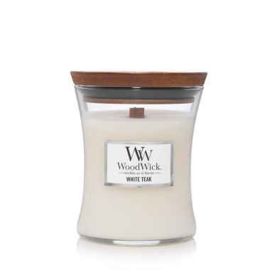 WoodWick&reg; White Teak 9.7 oz. Medium Hourglass Candle. View a larger version of this product image.