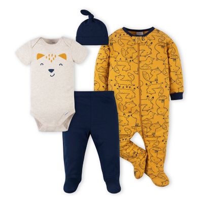 Gerber&reg; 4-Piece Fox Footie, Bodysuit, Footed Pant, and Hat Set in Blue