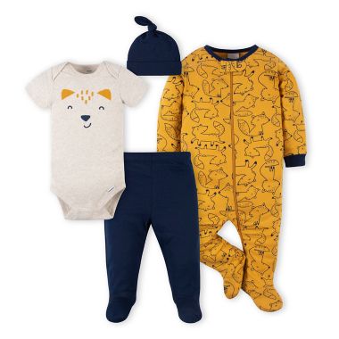 Gerber&reg; Preemie 4-Piece Fox Footie, Bodysuit, Footed Pant, and Hat Set in Blue. View a larger version of this product image.