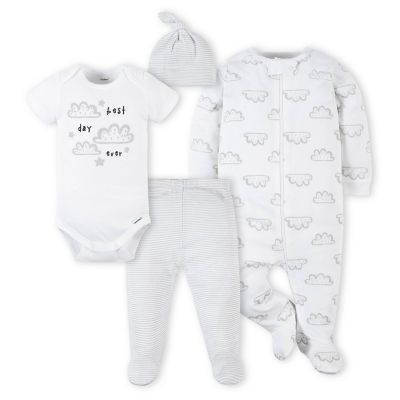 Gerber&reg; 4-Piece Clouds Footie, Bodysuit, Footed Pant, and Hat Set in Grey
