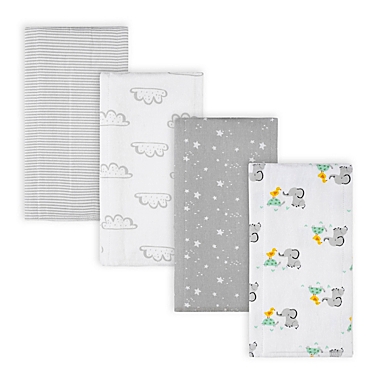 Gerber&reg; 4-Pack Elephant Flannel Burp Cloths in Grey. View a larger version of this product image.