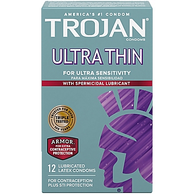 Trojan&reg; Sensitivity 12-Count Ultra Thin Spermicidal Lubricant Premium Latex Condoms. View a larger version of this product image.