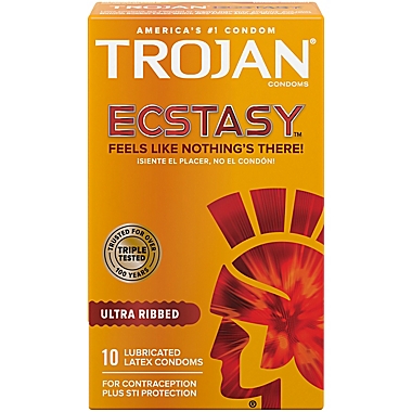 Trojan&reg; Ecstasy 10-Count UltraSmooth Lubricant Ultra Ribbed Premium Latex Condoms. View a larger version of this product image.