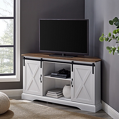 Forest Gate&trade; Wheatland Sliding Door Corner TV Stand in White. View a larger version of this product image.