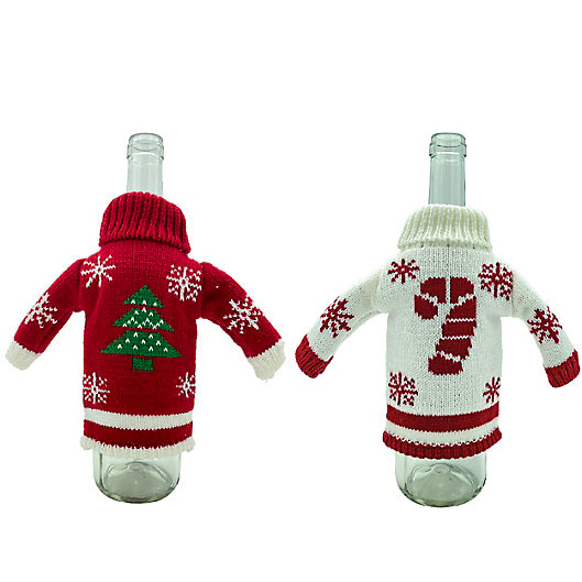 Alternate image 1 for Knit Turtleneck Sweater Bottle Covers in Red/White (Set of 2)