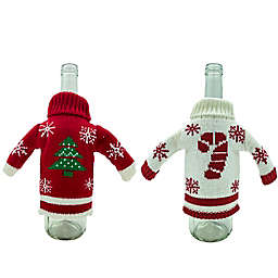 Knit Turtleneck Sweater Bottle Covers in Red/White (Set of 2)