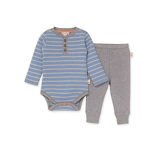 Alternate image 1 for Burt's Bees Baby® Size 3-6M Stripe Organic Cotton Thermal Bodysuit and Pant Set in Blue
