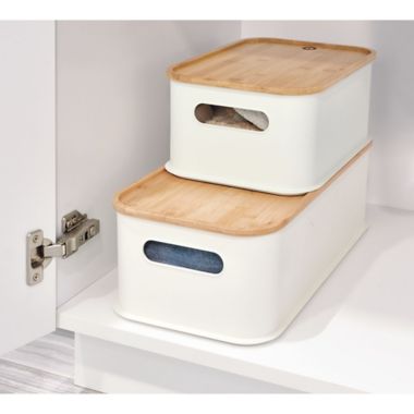 Squared Away&trade; Large Stacking Storage Bin with Bamboo Lid in White. View a larger version of this product image.
