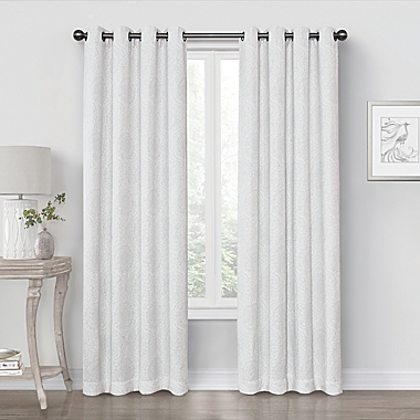 Quinn Medallion 84-Inch Grommet 100% Blackout Window Curtain Panel in White (Single). View a larger version of this product image.