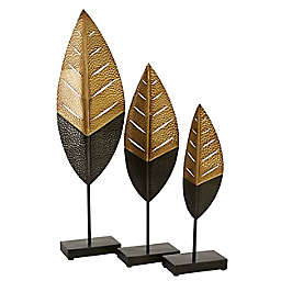 Ridge Road Décor Set of 3 Metal Leaf Sculptures in Gold/Black
