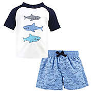 Hudson Baby&reg; 2-Piece Sharks Rashguard and Swim Trunk Set in Blue