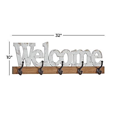 Ridge Road D&eacute;cor Farmhouse Style Welcome Wall Hooks in Brown/White. View a larger version of this product image.
