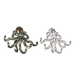 Ridge Road Décor Metal Octopus Coastal Wall Hooks in Bronze/White (Set of 2)