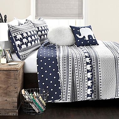 Lush Decor Elephant Stripe 5-Piece Reversible Full/Queen Quilt Set in Navy. View a larger version of this product image.