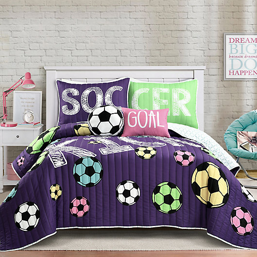 Alternate image 1 for Lush Decor Girl's Soccer Kick Reversible Quilt Set in Purple