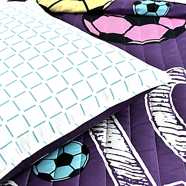 Lush Decor Girl&#39;s Soccer Kick 4-Piece Reversible Twin Quilt Set in Purple. View a larger version of this product image.