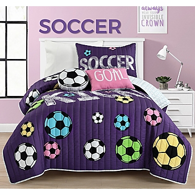 Lush Decor Girl&#39;s Soccer Kick 4-Piece Reversible Twin Quilt Set in Purple. View a larger version of this product image.