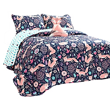 Lush Decor Pixie Fox 3-Piece Reversible Twin Quilt Set in Navy/Pink. View a larger version of this product image.