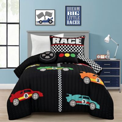 Lush Decor Racing Cars 4-Piece Reversible Twin Quilt Set in Black