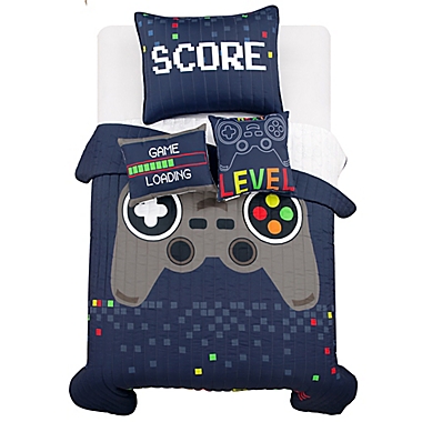 Lush Decor Video Games 4-Piece Reversible Twin Quilt Set in Navy. View a larger version of this product image.