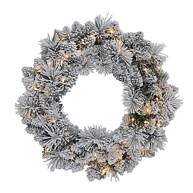 Bee &amp; Willow&trade; 24-Inch Modern Flocked Artificial Pre-Lit LED Wreath in Green/White. View a larger version of this product image.