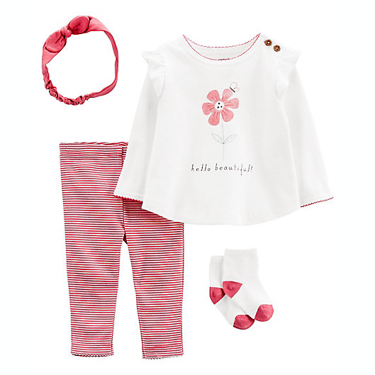 Alternate image 1 for carter's® 4-Piece Hello Beautiful Top, Pant, Sock and Headband Set in Pink