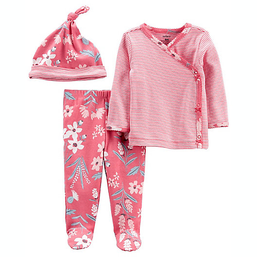Alternate image 1 for carter's® 3-Piece Flower Take-Me-Home Tee, Pant and Cap Set in Raspberry