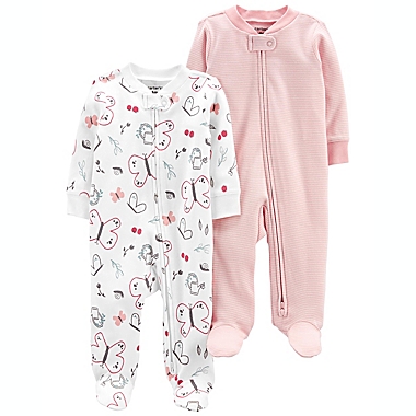 carter&#39;s&reg; 2-Pack Butterfly/Stripe Zip-Up Cotton Sleep &amp; Plays in White/Pink. View a larger version of this product image.
