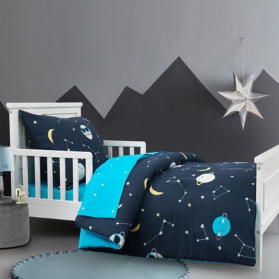 Hello Spud Cool Space Dudes 4-Piece Organic Cotton Toddler Bedding Set in Navy